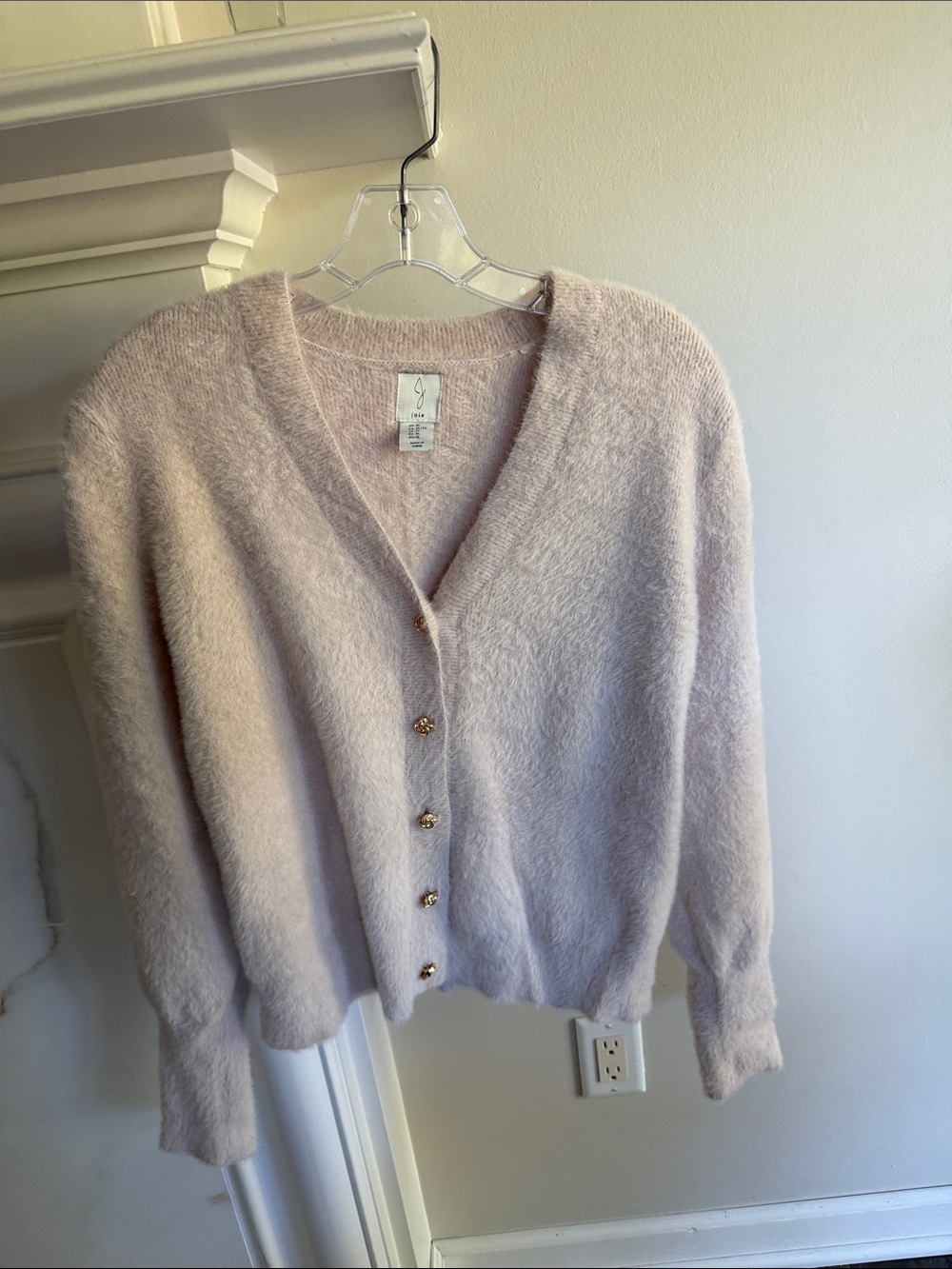 Joie Soft Pale Pink Fuzzy V-Neck Cardigan with Gold Buttons